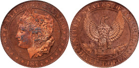 1877 Pattern Morgan Half Dollar. Judd-1515, Pollock-1679. Rarity-7+. Copper. Reeded Edge. Proof-64 RB (PCGS).
Obv: A head of Liberty faces left, surr...