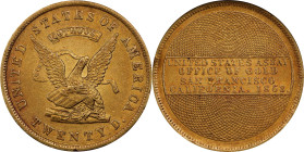 1853 United States Assay Office of Gold $20. K-18. Rarity-2. 900 THOUS. MS-61 (NGC).
Lovely rose-gold and honey-apricot surfaces are sharply to fully...
