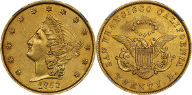 1853 United States Assay Office of Gold--Moffat $20. K-19. Rarity-5+. AU-58 (NGC). CAC.
This handsome piece exhibits pretty color to well composed su...