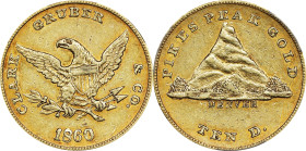 1860 Clark, Gruber & Co. $10. K-3. Rarity-5. AU-53 (PCGS). CAC.
PCGS has mounted this coin with the reverse (eagle side) up in the holder. The obvers...