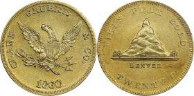 1860 Clark, Gruber & Co. $20. K-4. Rarity-6+. AU Details--Repaired (PCGS).
PCGS has mounted this coin with the reverse (eagle side) up in the holder....