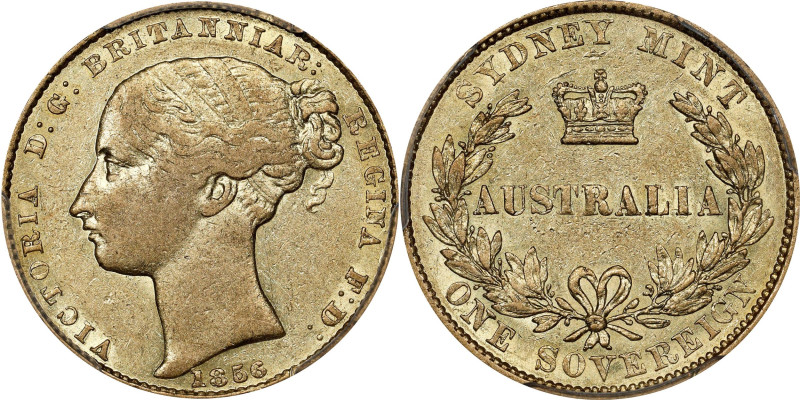 AUSTRALIA. Sovereign, 1856-SYDNEY. Sydney Mint. Victoria. PCGS AU-50.
Fr-9; KM-...