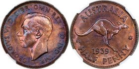 AUSTRALIA. 1/2 Penny, 1939. Melbourne Mint. George VI. NGC PROOF-65 Brown.
KM-41. Mintage: 100. A VERY RARE and desirable first year of issue with th...