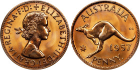 AUSTRALIA. Penny, 1957. Perth Mint. Elizabeth II. PCGS PROOF-66 Red.
KM-56. Mintage: 1,112. A fully red Gem, this stunning proof issue is exceeded in...