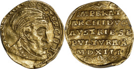 AUSTRIA. Holy Roman Empire. Gold Medallic Ducat, 1513. Hall Mint. Maximilian I. PCGS EF-40.
Egg-pg. 46. Obverse: Bust of Frederick III Right, wearing...