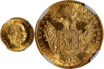 AUSTRIA. Ducat, 1914. Vienna Mint. Franz Joseph. NGC MS-66.
Fr-493; KM-2267. Surpassed in the NGC census by just five examples, this tremendous speci...