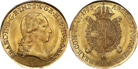AUSTRIAN NETHERLANDS. Souverain d'Or, 1796-B. Kremnica Mint. Franz II. PCGS MS-62.
Fr-469; KM-64. Surpassed in the PCGS census by just a single speci...