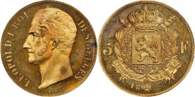 BELGIUM. Gilt Copper 5 Francs Essai (Pattern), "18XX" (1847). Brussels Mint. Leopold I. PCGS SPECIMEN-63.
KM-Pn44; Dup-250. By Hart. Quite RARE and f...