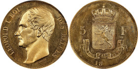 BELGIUM. Gilt Copper 5 Francs Essai (Pattern), "18XX" (1847). Brussels Mint. Leopold I. PCGS SPECIMEN-63.
KM-PnA40; Dup-259. By Jehotte. Rather flash...