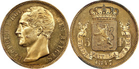 BELGIUM. Gilt Copper 5 Francs Essai (Pattern), 1847. Brussels Mint. Leopold I. PCGS SPECIMEN-63.
Dup-279. By Jouvenel. A RARE pattern issue, this shi...