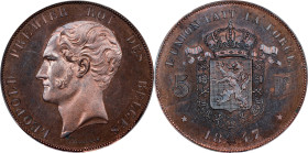 BELGIUM. Copper 5 Francs Essai (Pattern), 1847. Brussels Mint. Leopold I. PCGS SPECIMEN-65 Red Brown.
Dup-299. By Leclerqc. Presenting rich red-brown...