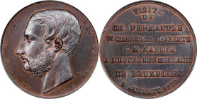 BELGIUM. Leopold II/Brussels Mint Visit Copper Medallic 5 Francs, 1870. Brussels Mint. PCGS SPECIMEN-65 Brown.
cf. Dup-942/1122 (for obv./rev.). By J...