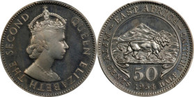 BRITISH EAST AFRICA. 50 Cents, 1954. London Mint. Elizabeth II. PCGS PROOF-66 Cameo.
KM-36. An elusive proof issue, the present specimen delivers ric...