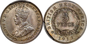 BRITISH WEST AFRICA. 3 Pence, 1913-H. Birmingham (Heaton) Mint. George V. PCGS SPECIMEN-66.
KM-10. A most elusive and beautiful specimen issue, the p...