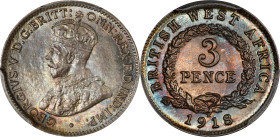 BRITISH WEST AFRICA. 3 Pence, 1918-H. Birmingham (Heaton) Mint. George V. PCGS SPECIMEN-67.
KM-10. A simply phenomenal specimen offering, this glowin...