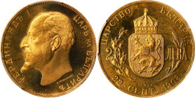 BULGARIA. 20 Leva Restrike, "1912" (1967-68). Sofia Mint. Ferdinand I. PCGS PROOF-68 Cameo.
Fr-6; KM-33. Presenting a captivating cameo nature throug...