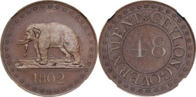 CEYLON. 1/48 Rixdollar, 1802. Birmingham (Soho) Mint. George III. NGC PROOF-65 Brown.
KM-75; Prid-85. An exceedingly beautiful example of a most popu...
