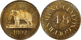 CEYLON. Gilt Copper 1/48 Rixdollar, 1802. Birmingham (Soho) Mint. George III. NGC PROOF-64 Cameo.
KM-75; Prid-83B. An exquisite example of always pop...
