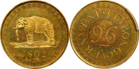 CEYLON. Gilt Copper 1/96 Rix Dollar, 1802. Birmingham (Soho) Mint. George III. PCGS PROOF-63.
KM-74; Prid-86B. A tremendous example of the always pop...
