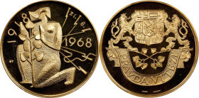 CZECHOSLOVAKIA. 50th Anniversary of the Founding of Czechoslovakia Gold Medal, 1968. Kremnica Mint. PCGS SPECIMEN-67.
By J. Harcuba. Weight: 34.90 gm...