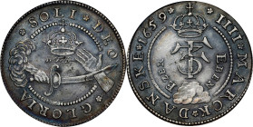 DENMARK. Krone, 1659. Copenhagen Mint. Frederik III. PCGS Genuine--Cleaned, EF Details.
Dav-3576; KM-221. IIII MARCK in legend and mound breaking cir...