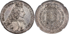 DENMARK. Speciedaler, 1704. Copenhagen Mint. Frederik IV. NGC MS-61.
Dav-1288; KM-480.1; Hede-34A. Mintage: 309. Variety with edge lettering. An INCR...