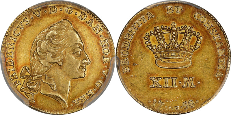 DENMARK. 12 Mark (Ducat Courant), 1758-W VH. Copenhagen Mint. Frederik V. PCGS A...