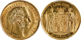 DENMARK. Christian d'Or, 1869-HC CS. Copenhagen Mint. Christian IX. PCGS Genuine--Cleaned, UNC Details.
Fr-294; KM-778. A consistently demanded one-y...