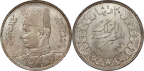 EGYPT. 20 Piastres, AH 1356/1937. London Mint. Farouk I. PCGS MS-65.
KM-368. A crisp Gem with lovely understated luster shimmering beneath its light ...