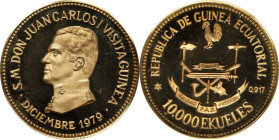EQUATORIAL GUINEA. Gold 10000 Ekueles Piefort, "80" (1980). Madrid Mint. PCGS PROOF-67 Deep Cameo.
KMX-Unlisted. AGW: 1.8869 oz. An enchanting large-...