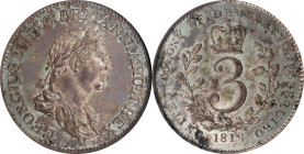 ESSEQUIBO & DEMERARY. 3 Guilders, 1816. London Mint. George III. NGC MS-62.
KM-15; Prid-5. A most attractive example of a SCARCE type, this wholesome...