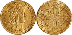 FRANCE. Louis d'Or, 1648-A. Paris Mint; privy mark: heart. Louis XIV. PCGS AU-58.
Fr-418; KM-157.1; Gad-245. Type with long curl. Just short of Mint ...