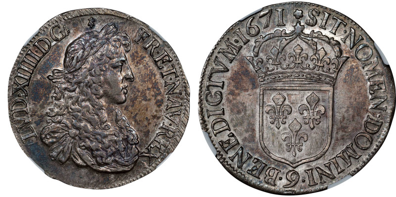 FRANCE. Ecu, 1671-9. Rennes Mint. Louis XIV. NGC AU-55.
Dav-3802A; KM-214.4; Ga...