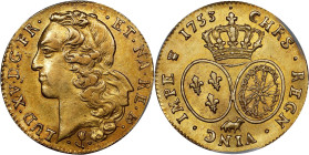 FRANCE. Bearn. 2 Louis d'Or, 1753. Pau Mint; mm: cow. Louis XV. PCGS AU-55.
Fr-463; KM-522; Gad-346A. A SCARCE and desirable provincial issue, this l...