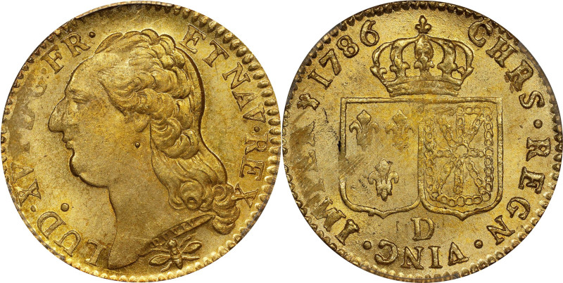 FRANCE. Louis d'Or, 1786-D. Lyon Mint. Louis XVI. PCGS MS-63.
Fr-475; KM-591.3;...