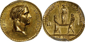 FRANCE. Coronation of Napoleon I Gold Medal, Year XIII (1804). PCGS MS-63.
Bramsen-329. By Jeuffroy. Obverse: Laureate head right; Reverse: Mantled f...