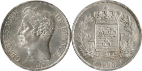 FRANCE. 2 Francs, 1826-W. Lille Mint. Charles X. PCGS MS-62.
KM-725.13; Gad-516. An incredibly attractive specimen, this piece is doused in a rich an...