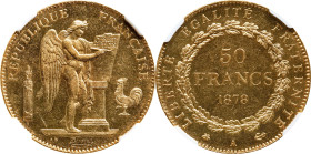 FRANCE. 50 Francs, 1878-A. Paris Mint. NGC MS-62.
Fr-591; KM-831; Gad-1113. Mintage: 5,294. The elusive first date of issuance, this piece is well st...