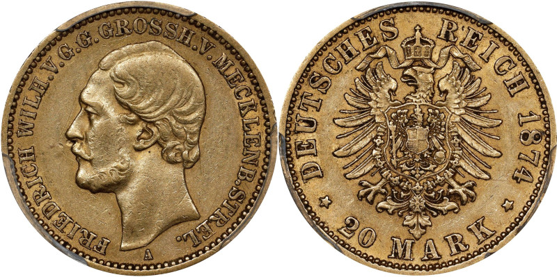 GERMANY. Mecklenburg-Strelitz. 20 Mark, 1874-A. Berlin Mint. Friedrich Wilhelm. ...