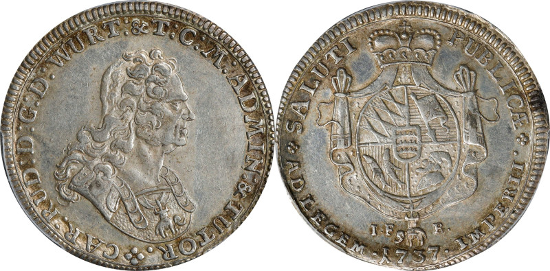 GERMANY. Wurttemberg. 1/2 Taler, 1737-IFB. Karl Rudolf. PCGS AU-55.
KM-346; Ebn...