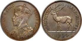 MAURITIUS. 1/2 Rupee, 1934. London Mint. George V. PCGS PROOF-64.
KM-16. A VERY RARE proof of record from Mauritius, this incredible example delivers...