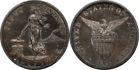 PHILIPPINES. 50 Centavos, 1906. Philadelphia Mint. PCGS PROOF-63.
KM-167; Allen-13.04. Mintage: 500. Exceptionally enchanting and enticing, this Choi...