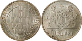 POLAND. Danzig. 5 Gulden, 1923. Utrecht Mint. PCGS MS-61.
KM-147. Delightfully Mint State, this specimen presents some subtle toning and an alluring ...