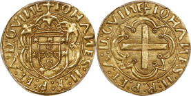 PORTUGAL. Cruzado, ND (1481-95). Lisbon Mint. Joao II. PCGS MS-63.
Fr-19; cf. Gomes-23.09/23.08 (for obv./rev.). Weight: 3.45 gms. Obverse: Crowned c...