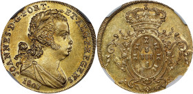 PORTUGAL. 3200 Reis (1/2 Peca - 2 Escudos), 1807. Lisbon Mint. Joao as Prince Regent. NGC MS-63.
Fr-124; KM-342. Mintage: 483. An elusive RARITY, thi...