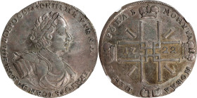 RUSSIA. Ruble, 1722. Moscow (Kadashevsky) Mint. Peter I "the Great". NGC VF-30.
KM-162.1; Bit-490 (this coin cited). A RARE and seldom encountered da...