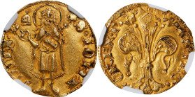 SPAIN. Aragon. Florin, ND (1336-87). Perpignan Mint; mm: Helmet. Pedro IV. NGC AU-53.
Fr-1; VS-386. Obverse: Lily; Reverse: St. John the Baptist stan...