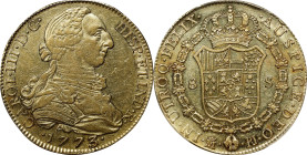 SPAIN. 8 Escudos, 1773/2-M PJ. Madrid Mint. Charles III. PCGS AU-50.
Fr-282; KM-409.1; Cal-53 var. (regular date). Overdate variety. Lightly worn on ...