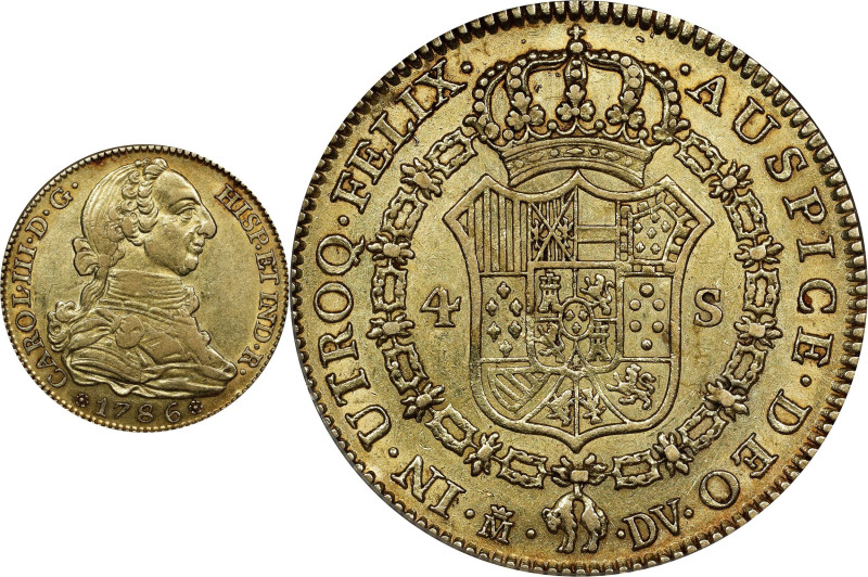 SPAIN. 4 Escudos, 1786-M DV. Madrid Mint. Charles III. ANACS AU-50.
Fr-284; KM-...