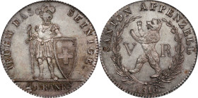 SWITZERLAND. Appenzell (Ausserrhoden). 4 Franken, 1816. Bern Mint. PCGS MS-63.
KM-12; HMZ-2-28B. Mintage: 1,850. A VERY RARE and always desirable 19t...